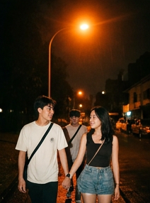 Friends walking home under a streetlight