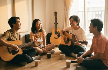 Four young musicians playing acoustic guitars in a living room