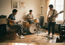 A band rehearsing in a bright room