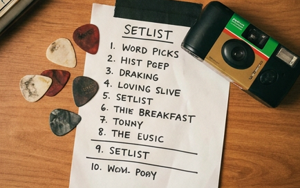 A handwritten setlist with guitar picks and a disposable camera