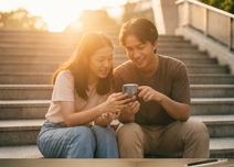 Two people sharing a phone on outdoor steps at golden hour